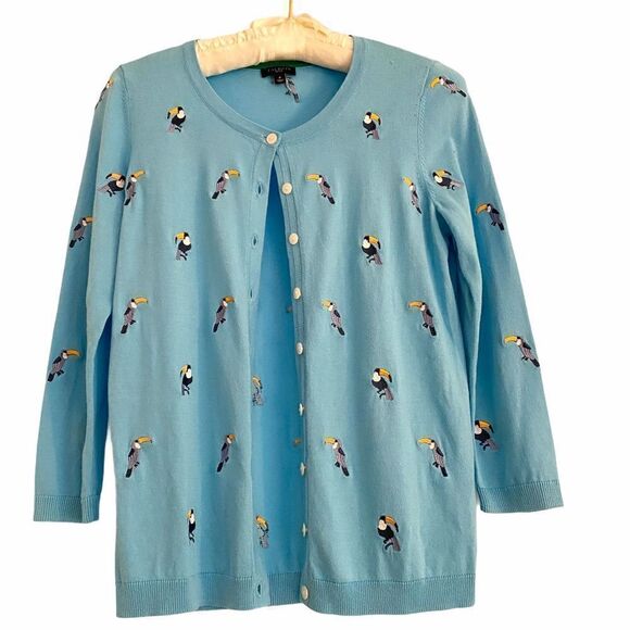 Talbots Toucan Embroidered Blue Cardigan Petite - Picture 2 of 7